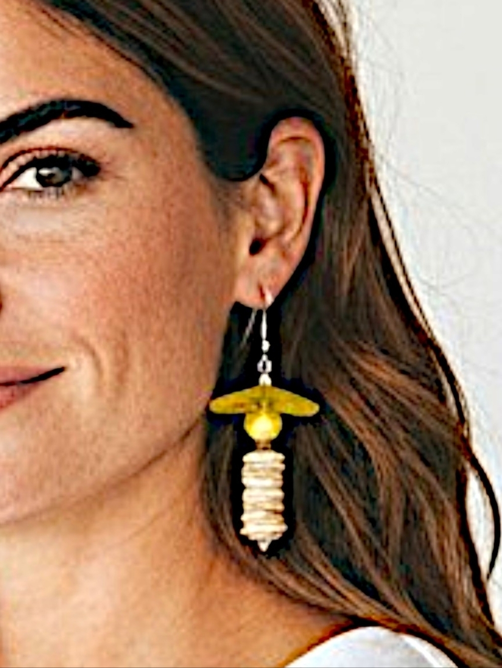 Hand Crafted Yellow Lucite, Glass & Mother of Pearl Shell Stack Dangle Earrings - Picture 7 of 10